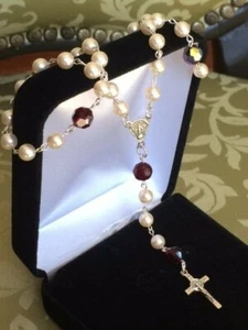 Sterling Silber Swarovski Creme Perlen Kristalle Katholisch Kruzifix Rosenkranz - Bild 1 von 9