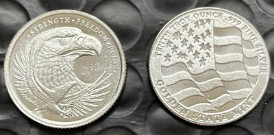 1/10th Oz .999 Silver AMERICAN EAGLE & FLAG ROUND Golden State Mint Fractional - Image 1 of 3