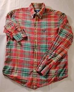 Men American Eagle Pink Multicolor Plaid Cotton Beach Resort Dress Shirt M NWOT - Picture 1 of 6