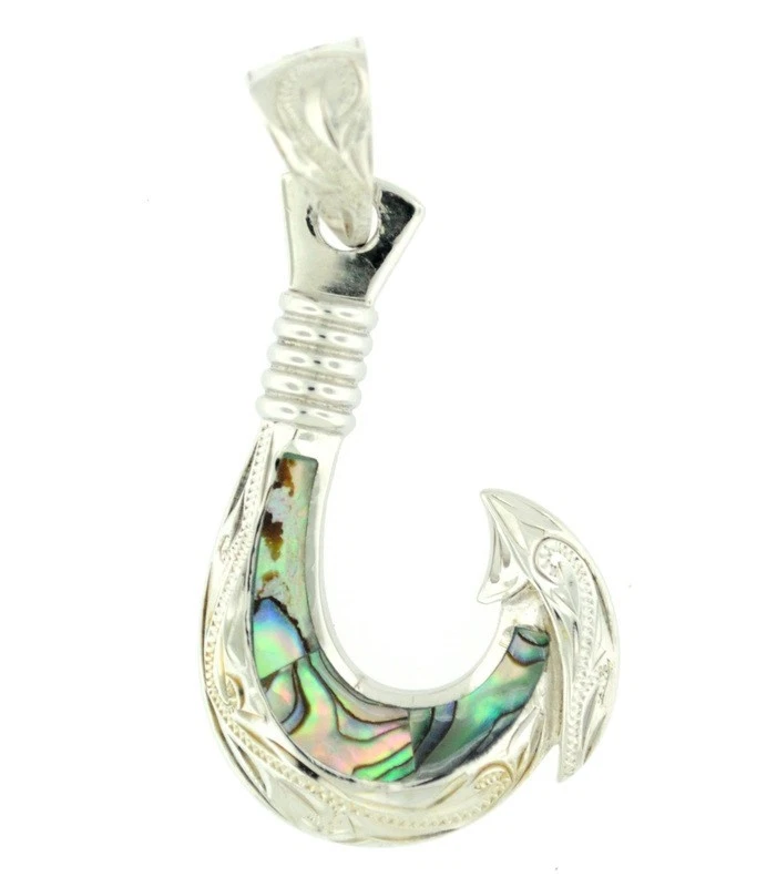 Solid 925 Sterling Silver Natural Abalone Shell Women Hawaiian Fish Hook Pendant - Image 1 of 1
