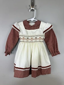 VTG 80s Polly Flinders Hand Smocked Prairie Dress 3T Ruffle Lace Cottage Country - Picture 1 of 13