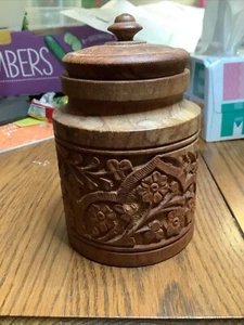 Vtg Hand Carved Round Wood JAR Canister Storage Box Container w Lid 4” INDIA 50s - Picture 1 of 6