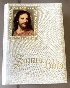 Sagrada Biblia White Gold Hardcover Familiar Edicion Spanish Illustrated *READ* - Picture 1 of 17