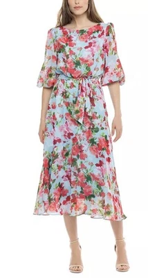 Donna Ricco Printed Tie-Waist Midi Dress Size 8 Multi Floral Sheer Sleeve NWT - Image 1 of 4