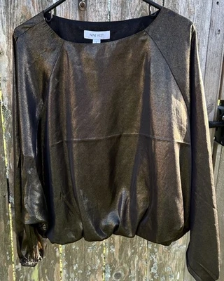 Nine West Women's Metallic Blouse Top Long Balloon Sleeve Size L Black Gold NWT - Image 1 of 4