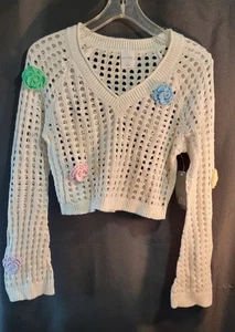Neu mit Etikett Wild Fable offener Häkel-Strickpullover cremeweiß Boho Häkelblume Sml - Bild 1 von 10