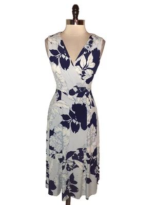 VINCE CAMUTO Size 8 A-Line Dress Blue White Floral Sleeveless Stretch Knit Midi - Image 1 of 4