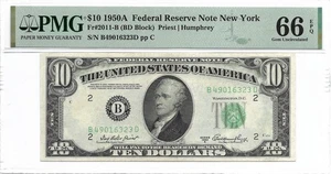 1950A $10 NEW YORK FRN PMG GEM Uncirculated 66 EPQ Banknote 2nd of 2 consecutive - Picture 1 of 2