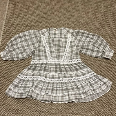Free People Time Out 格子花边装饰束腰外衣 XS 码 农民 Cottagecore 波西米亚 — 第 1/4 张图片