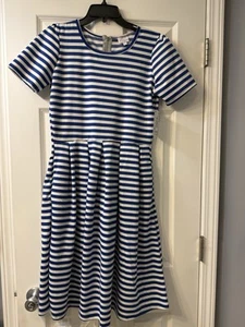 NWT Lularoe Amelia Dress Blue/White/Silver Stripes Women’s Size Large - Picture 1 of 6