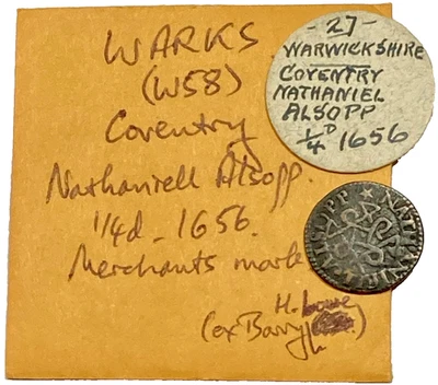 Rare 1656 COVENTRY hammered FARTHING token NATHANIEL ALSOPP merchant’s mark W 58 - Image 1 of 4