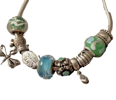 Pandora 925 Sterling Silver Bracelet "Toes in the Sand" w/ 10 Charms & Sparkle - Image 1 of 4