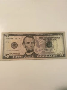 Rare Star Note 5 Dollar Bill 2009 JF 00567251* Small Ladder - Picture 1 of 3