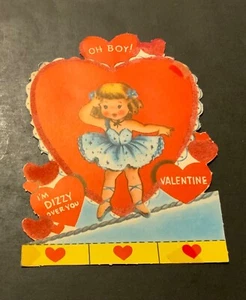 VTG DieCut Valentine Card Pretty Girl Walking Tightrope “I’m Dizzy Over You” - Picture 1 of 2