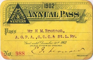 1902 TOLEDO, PEORIA & WESTERN RAILROAD ANNUAL PASS - H. M. BRONSON - EXC COND. - Picture 1 of 2