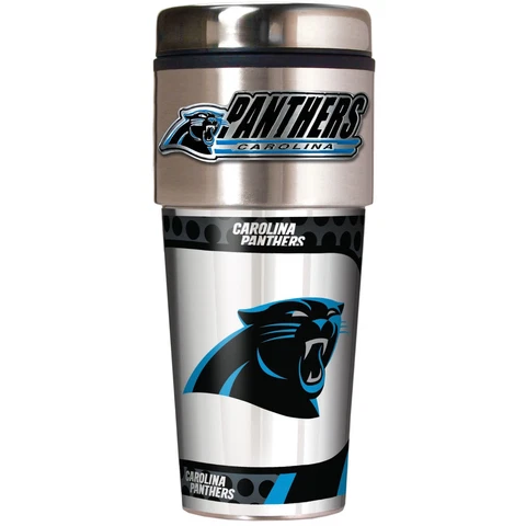 CAROLINA PANTHERS 16 OZ STAINLESS STEEL COFFEE TRAVEL MUG WITH METAL EMBLEM Cover