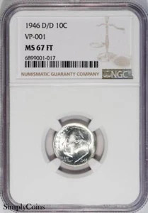 1946-D/D VP-001 RPM Roosevelt Dime NGC MS67 FT FULL BANDS FB FSB TOP POP! 1 OF 3 - Picture 1 of 2