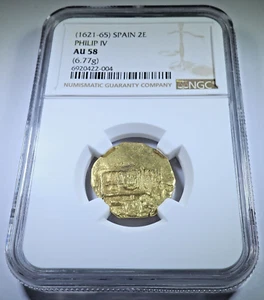 NGC AU-58 1621-65 Spanish Gold 2 Escudos Genuine 1600's Pirate Doubloon Cob Coin - Picture 1 of 2