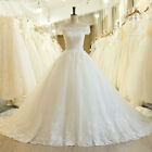 Fashion Elegant Lace Applique Ball Gown Wedding Dresses Off Shoulder Back Ribbon