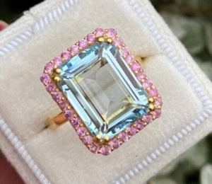 3Ct Emerald Cut Simulated Aquamarine Halo Engagement Ring 14K Yellow Gold Plated - Picture 1 of 4