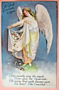 1915 era "A Glad Easter to You" Unused Postcard of Angel with Flowers & Verse - Picture 1 of 2
