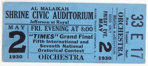 SELTENES TICKET AL MALAIKAH SCHREIN CIVIC AUDITORIUM 1930 LA CALIFORNIA ORATORICAL - Bild 1 von 2
