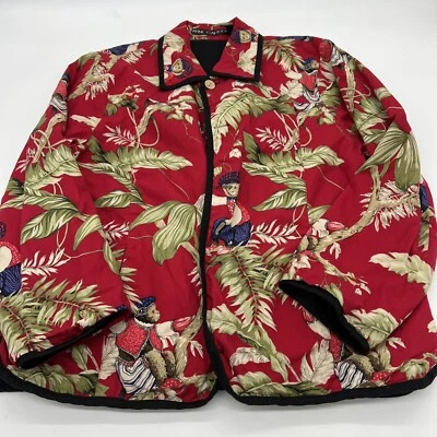 Chaqueta acolchada vintage con estampado de mono rojo Anne Carson talla L bolsillos Foto 1 de 4