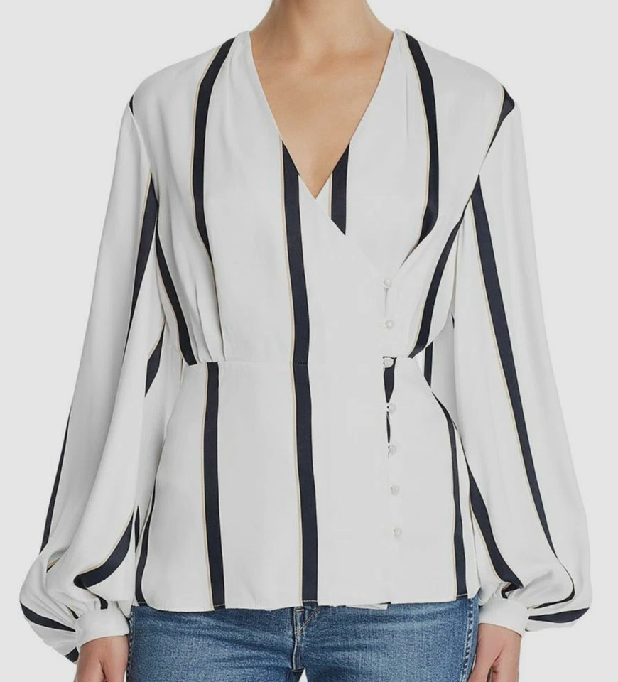 Equipment Women's White Blue Long-Sleeve Wrap Blouse Shirt Top Size XS