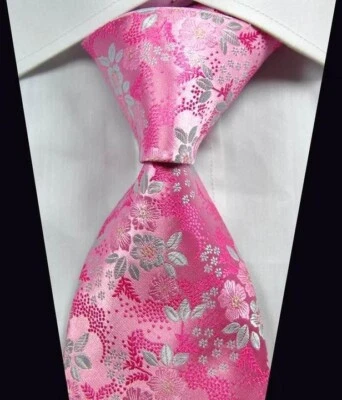NUEVA CORBATA DE BODA DE LUJO FLORAL ROSA BLANCO JACQUARD TEJIDA 100% SEDA PARA HOMBRE Foto 1 de 2