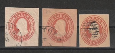 USA 1853, 3C. red stationery envelope cut square, lot of 3, ioncl. sub-varieties - Image 1 of 2