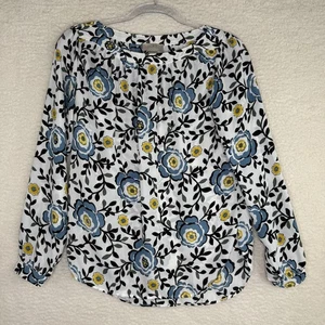 LOFT Outlet Blouse Womens XS Petite Blue Yellow Floral Long Sleeve Button Top - Picture 1 of 10