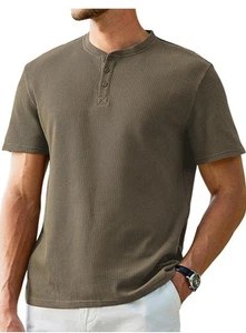 JMIERR Men's Sz L Henley Shirts Waffle Cotton T-Shirt Gym Workout Athletic Tee. - Picture 1 of 7