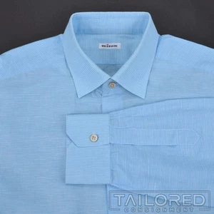 Camicia elegante uomo lusso KITON blu a quadri micro quadri LINO COTONE - 17,5 - Foto 1 di 7