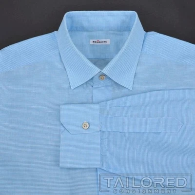 Camicia elegante uomo lusso KITON blu a quadri micro quadri LINO COTONE - 17,5 - Immagine 1 di 4