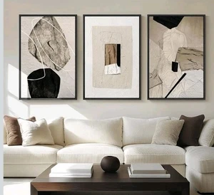 Arte da parete astratta neutra con cornice grande per soggiorno, 3 pezzi tela moderna  - Foto 1 di 13