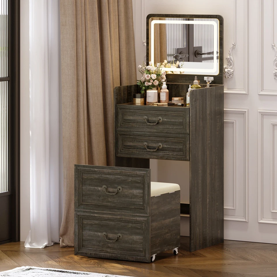 Tocador de escritorio 3 en 1 con espejo abatible y luces de 3 colores, tocador de maquillaje con tapa de vidrio Foto 1 de 1