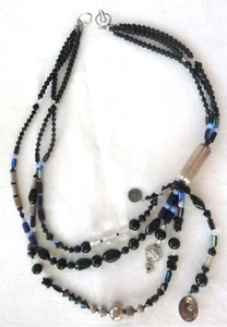 Artisan 3-Strand Onyx Necklace Vintage Glass Beads 925 Sterling Silver Charms - Picture 1 of 9