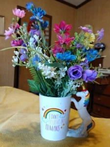 "I Don't Believe In Humans" Rainbow Unicorn Mug Artificial Flower Arrangement  - Picture 1 of 13