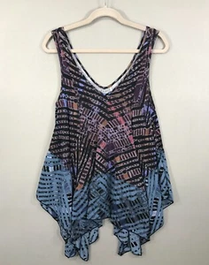Free People Tank Top Women's XS Multicolor Geometric Blouse Tie Dye V-Neck Boho - Picture 1 of 8