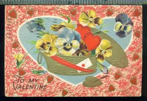 GOLDENE SCHACHTEL MIT STIEFMÜTTERCHENHERZEN Vintage TO MY VALENTINE Postkarte - Bild 1 von 1