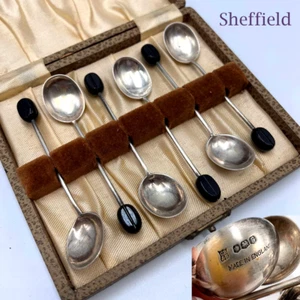 1954 Sheffield Vintage Silver Set of 6 Spoons Coffee Bean England Signed in Box - Picture 1 of 9