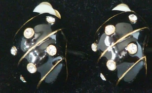 GOLDTONE New 1981 EARRINGS with BLACK Enamel & Rhinestone CLIP 204 VINTAGE - Bild 1 von 3