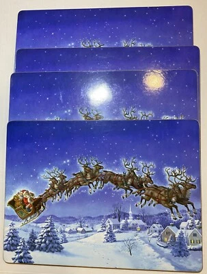 Pottery Barn Santas Sleigh Placemats Reindeer 2009 Christmas Cork Set Of 4 - Image 1 of 4