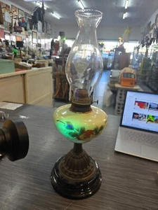 Stunning Antique Hand painted Uranium Glass OIL LAMP brass & marble base - Picture 1 of 3