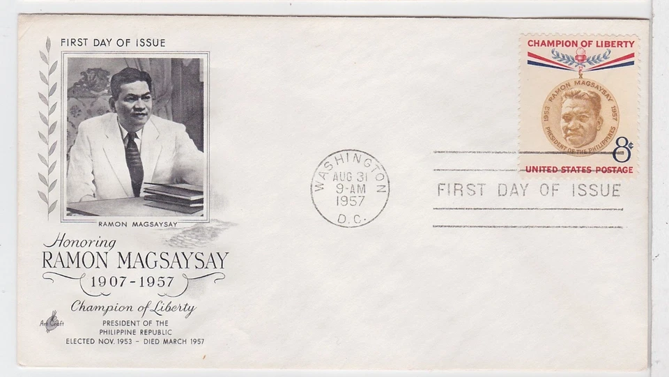 TurtlesTradingPost- Ramon Magsaysay 8 Cent #1096 FDC- 1957- Artcraft Cachet - Image 1 of 1