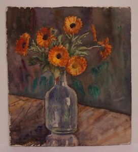 c. 1930s Raoul Monory Double Sided French Watercolor Gerbera Daisies Still Life