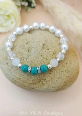 New Handmade Green White Faux Pearl Bracelet with Crackled Beads Gift Stretch — 第 1/4 张图片