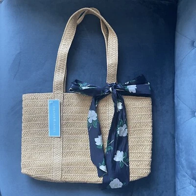 NWT Draper James Everyday Straw Tote Bag  Natural Floral Scarf Tie Blue Snap Zip - Image 1 of 4