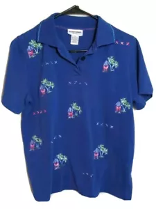 Vtg Woman Small SP Blue Polo Golf Shirt Knit Embroidered Palm Tree Beach Resort - Picture 1 of 9