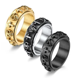 8MM Jesus Cross Skull Spinning Ring Stainless Steel Skull Punk Ring Gothic Band - Picture 1 of 13